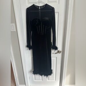 Black velvet dress with feathers